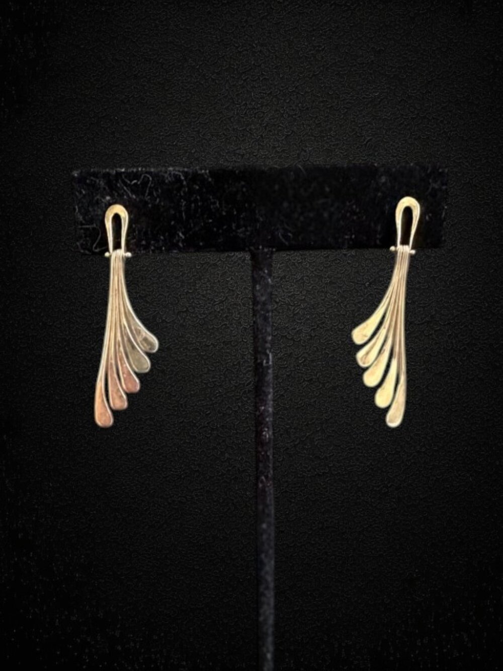 Vintage 14K Gold Dangle Drop Earrings 80s Modernist Spray Fan Design 2.8g